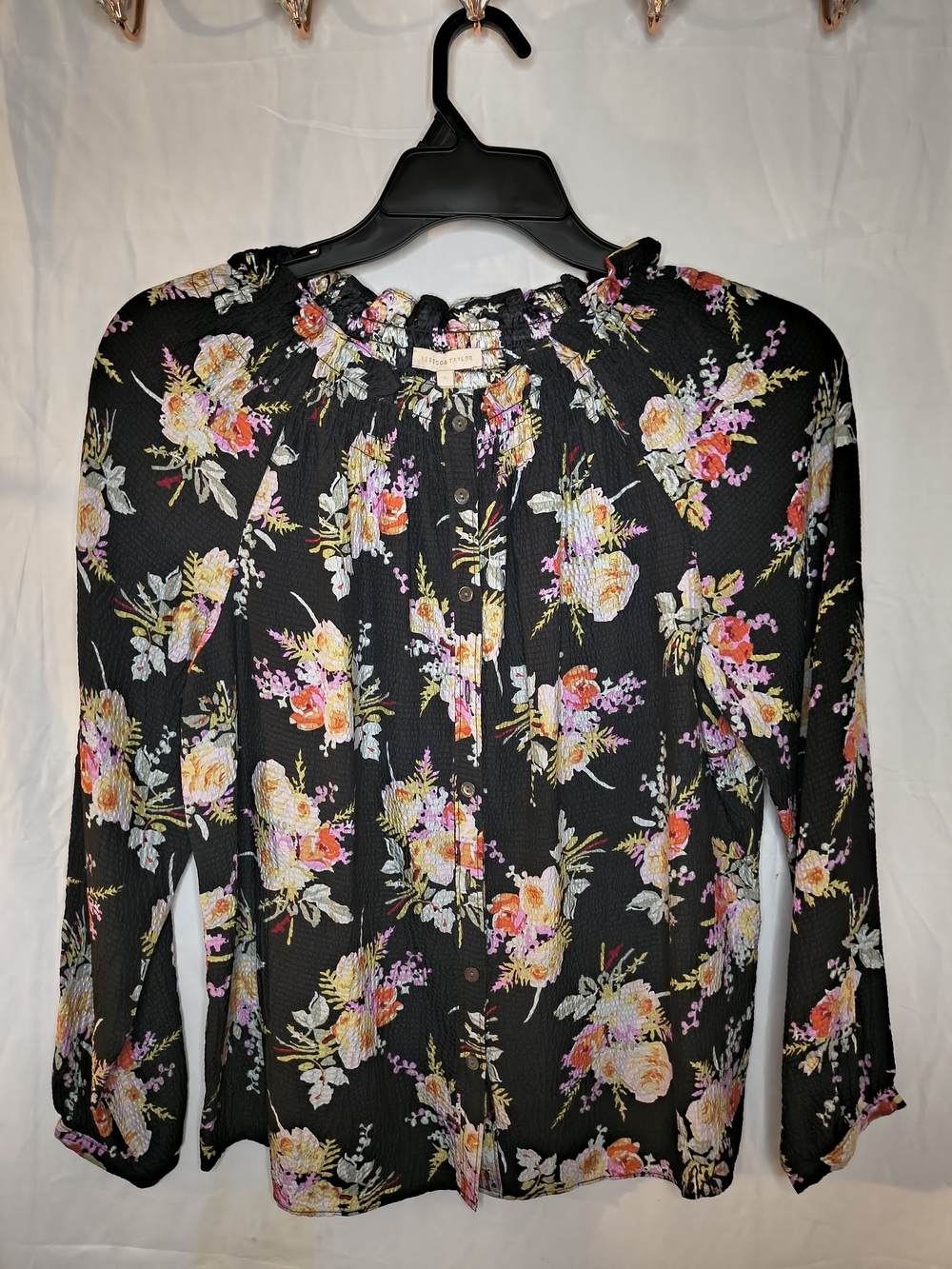 Rebecca Taylor Black Silk Bouquet Floral Blouse Ruffle Smocked Top Small